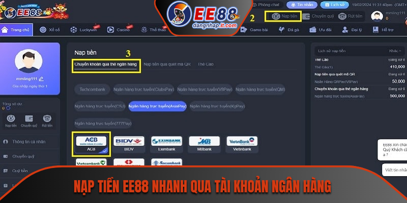 Nạp tiền EE88 nhanh qua tài khoản ngân hàng