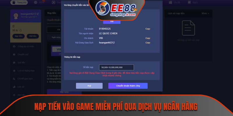 Nạp tiền vào game miễn phí qua dịch vụ ngân hàng