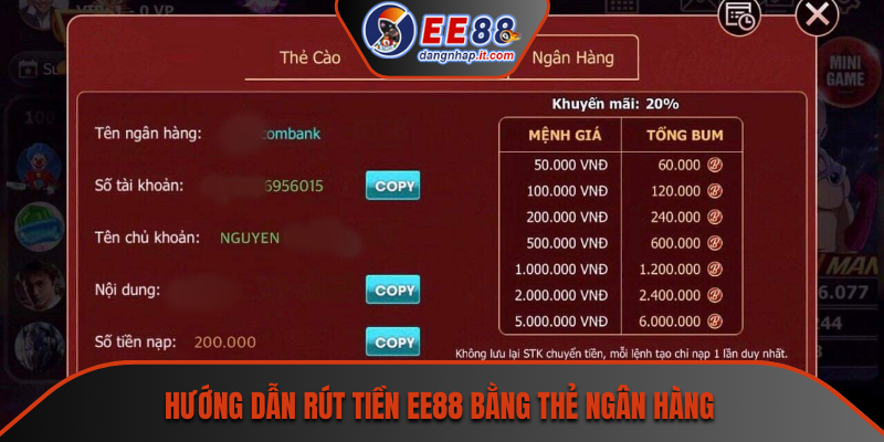 Hướng dẫn rút tiền EE88 bằng thẻ ngân hàng